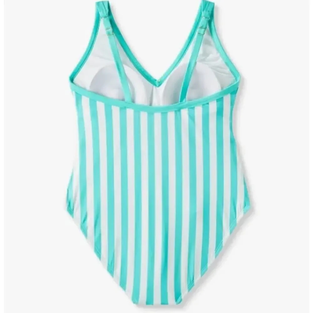 Kona Sol Women’s Blue & White Striped V-Neck High-Leg Swimsuit – New - Picture 3 of 11